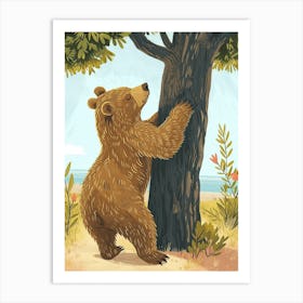 Brown Bear Scratching Its Back Against A Tree Storybook Illustration 4 Art Print
