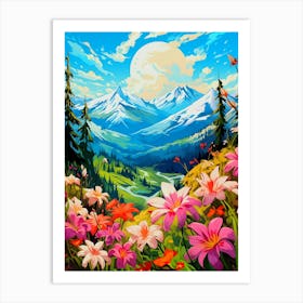 Landscape With Flowers,Anime style mountains landscape Art Print