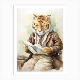 Tiger Illustration Reading Watercolour 3 Art Print