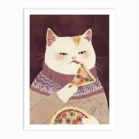 Cute White Cat Pizza Lover Folk Illustration 2 Art Print