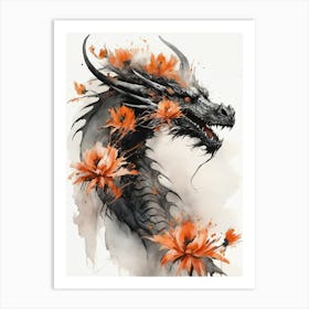 Japanese Dragon Abstract Flowers Painting (12) Art Print