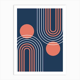 Mid Century Modern Geometric B34 In Navy Blue And Coral (Rainbow And Sun Abstract) 01 Art Print