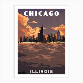 Chicago, Illinois, USA. Sunset — Retro travel minimalist poster Art Print