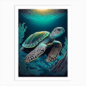 Sea Turtle In Deep Ocean, Sea Turtle Retro 1 Art Print