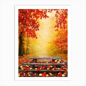 Autumnal Tableau In Vibrant Watercolor Leaves In Shades Of Crimson Orange And Gold Aflutter Amids (2) Art Print