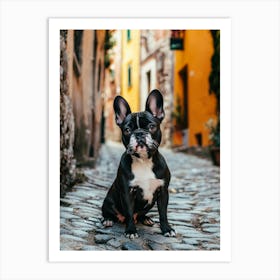 French Bulldog Sitting On A Cobblestone Street.Generated AI. Art Print Art Print