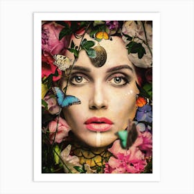 Woman With Butterflies And Flowers Art Print