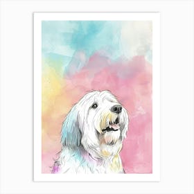 Old English Sheepdog Pastel Line Watercolour Illustration  3 Art Print