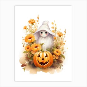 Cute Ghost With Pumpkins Halloween Watercolour 95 Art Print