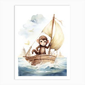 Monkey Painting Sailing Watercolour 4 Art Print