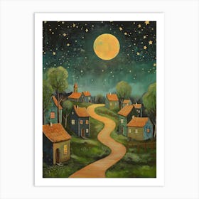 Painting Of A Night Sky With Stars, A Full Moon, And Cozy Village Houses Art Print