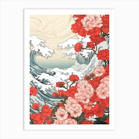 Great Wave With Sweet William Flower Drawing In The Style Of Ukiyo E 4 Art Print