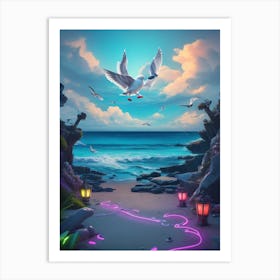 Seagulls On The Beach Art Print