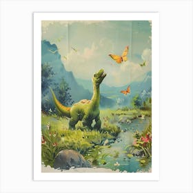 Dinosaur Catching Butterflies Storybook Painting 2 Art Print