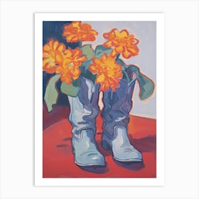 A Painting Of Cowboy Boots With Orange Flowers, Fauvist Style, Still Life 3 Art Print