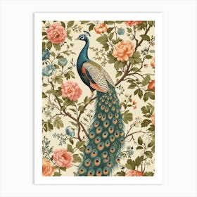 Vintage Peacock Floral Cream Wallpaper Art Print