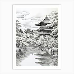 Kinkaku Ji (Golden Pavilion) In Kyoto, Ukiyo E Black And White Line Art Drawing 4 Art Print