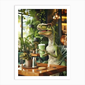 Dinosaur Drinking A Matcha Latte Retro Abstract Collage 2 Art Print