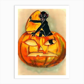 Little Black Devil Coming From A Carved Pumpkin Art Print