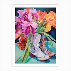 Oil Painting Of Pink And Red Flowers And Cowboy Boots, Oil Style 8 Art Print