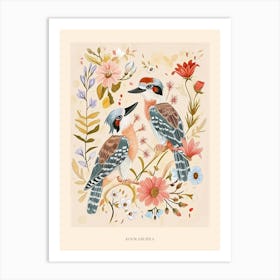 Folksy Floral Animal Drawing Kookaburra Poster Art Print