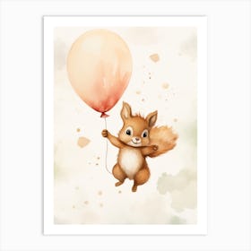 Baby Squirrel Flying With Ballons, Watercolour Nursery Art 2 Art Print