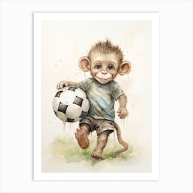Monkey Painting Playing Soccer Watercolour 1 Art Print