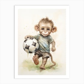 Monkey Painting Playing Soccer Watercolour 1 Poster