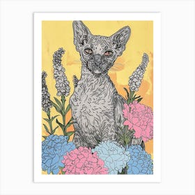 Cute Devon Rex Cat With Flowers Illustration 4 Art Print