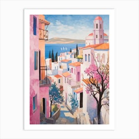 Santorini Greece 3 Vintage Pink Travel Illustration Art Print