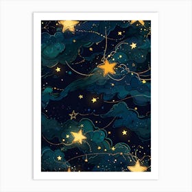 Seamless Pattern With Stars And Clouds Art Print