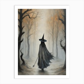 A Grey Witch in The Haunted Forest | Neutral Tones Halloween all Year Witchy Art Prints for a Feature Wall | Dark Aesthetic Mystical Samhain Art Print