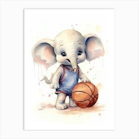 Elephant Painting Playing Basketball Watercolour 4 Art Print