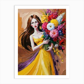 Girl In Yellow Dress With Flowers Art Print