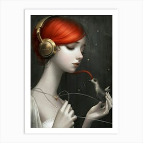 Girl With Headphones And A Bird 10 Art Print