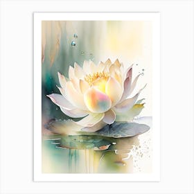 Blooming Lotus Flower In Pond Storybook Watercolour 4 Art Print