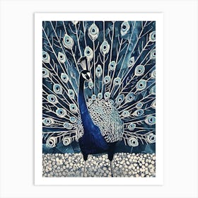 Navy Blue Peacock Linocut Inspired Peacock On A Path 1 Art Print