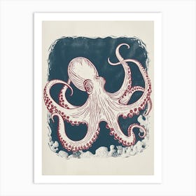 Red & Blue Octopus Retro Linocut Inspired 7 Art Print