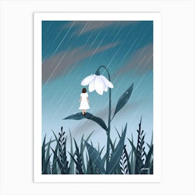 Woman And Giant Flower, Hope On A Rainy Day Art Print