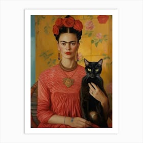 Frida Kahlo Portrait with Black Cat, Frida Khalo, Frida Kahlos Print, Mexican Art, Feminist Art Print Art Print