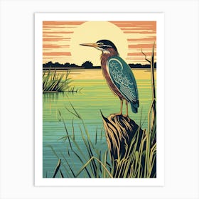Vintage Bird Linocut Green Heron 2 Art Print