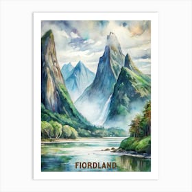 Fiordland National Park Watercolor Painting New Zealand Art Print