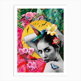 Colourful Oriental Inspired Botanical Art With Girl And Humming Bird Art Print