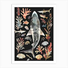 White Tip Reef Shark Seascape Black Background Illustration 2 Art Print