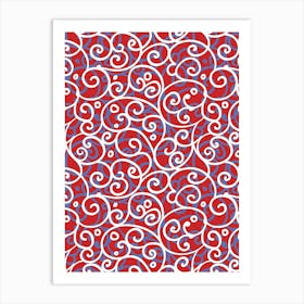 Red, Blue And White Swirls - Iznik Turkish pattern, floral decor Art Print