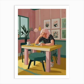 Illustration Of A Woman Sitting At A Table Art Print