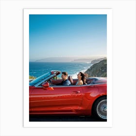 Couple Basks In Golden Hour Glow As They Drive A Vibrant Red Convertible Down A Coastal Highway Cli (5) Art Print