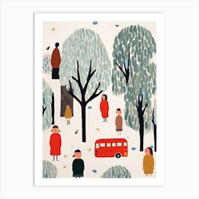 London Red Bus Scene, Tiny People And Illustration 5 Art Print