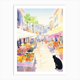 Food Market With Cats In Malibu 1 Watercolour Art Print