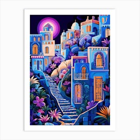 Blue Village At Night Art Print